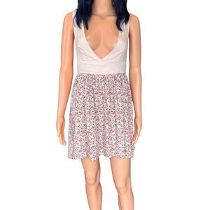 NEW POL Boho Beige Pink Floral V Neck Fit Flare Summer Dress Size Small